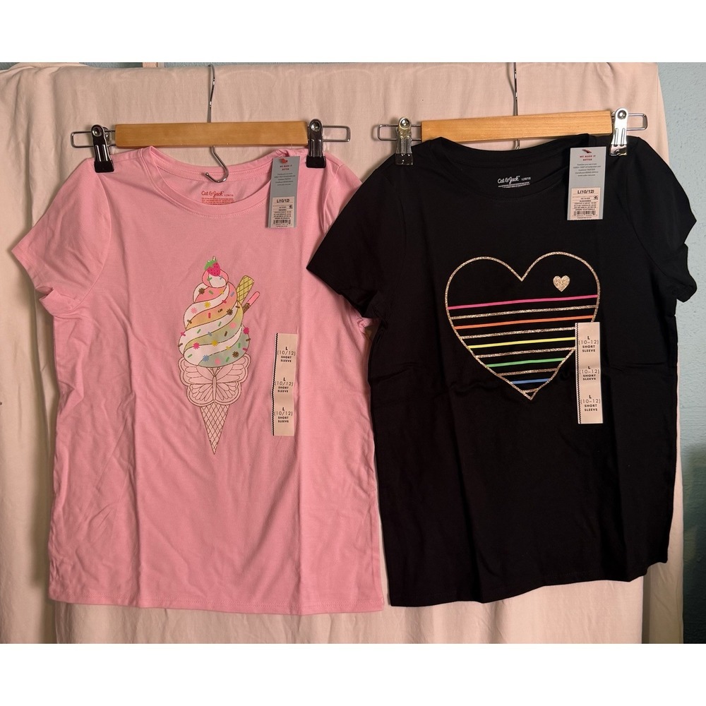 Cat Jack Girls Pink Black Short Sleeve Graphic Spring Summer Tshirts Sz L10/12